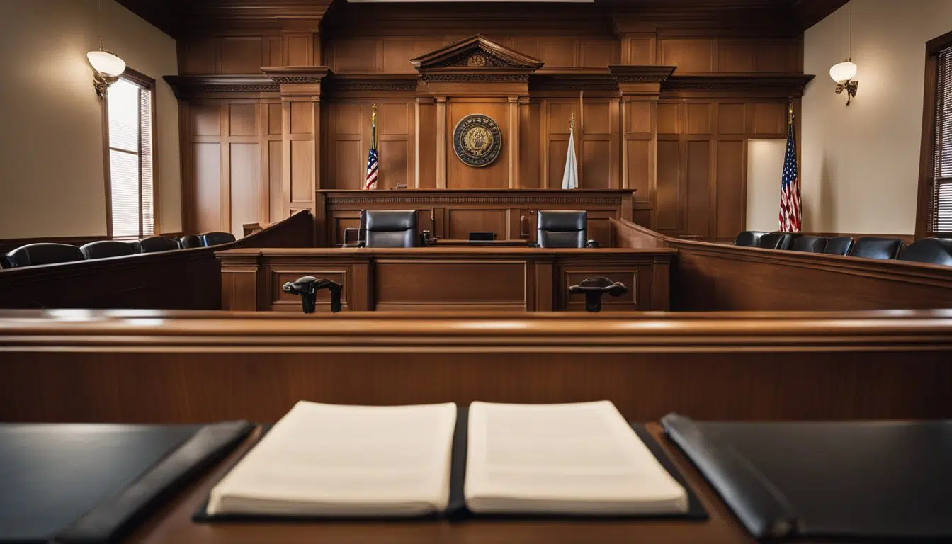 A courtroom with a judge's bench, witness stand, and seating for lawyers and spectators. The room is solemn and dignified, with legal documents and books on display